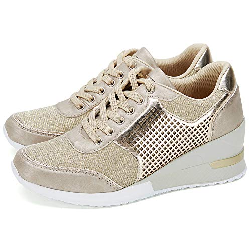 Zapatillas Deportivas Plataforma Cuña para Mujer - ANJOUFEMME Zapatos Wedge Sneakers Mujer, Apto para Todas Las Estaciones SM1-GOLD-41