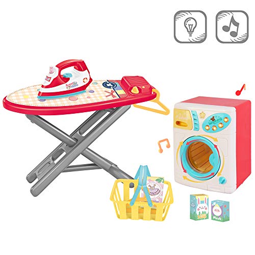 deAO Tareas del Hogar PlaySet de Lavandería “Hora de la Colada” Incluye Accesorios, Lavadora, Tabla de Planchar y Plancha con Efectos de Luz y Sonido – Color Rosa