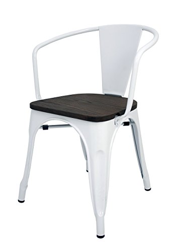 La Silla Española - Silla estilo Tolix con respaldo, reposabrazos y asiento acabado en madera. Color Blanco. Medidas 73x53,5x52
