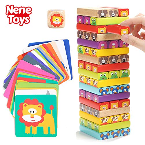 Nene Toys - Torre de Bloques Infantil de Madera 4 en 1 con Colores y Animales – Juego de Mesa Familiar Educativo para Niños Niñas de 3 a 9 años Compartir Entre Padres e Hijos