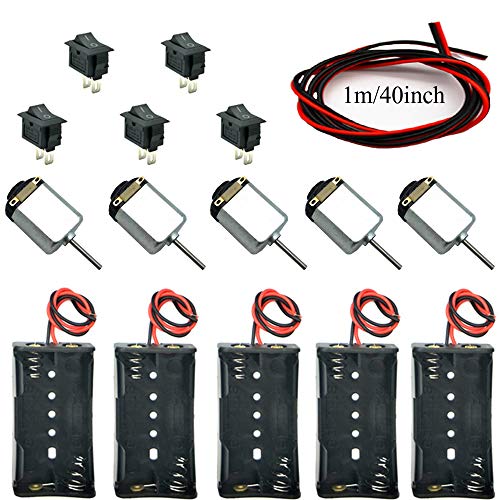 5 Pcs,Juego de Motor Eletrico Bricolaje DC Motor Mini 1.5V-6V 24000RPM,5X Espaciamiento para Pilas AA, 5 x Interruptores, Cables1m