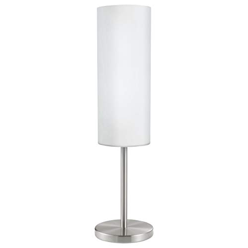 Eglo 85981 Troy 3 - Lámpara de mesa (acero y vidrio, 1 bombilla E27 con potencia máxima de 60 W no incluida, con interruptor en el cable, altura de 46 cm, diámetro del pie de 12 cm y de la pantalla de 10,5 cm), color blanco y níquel