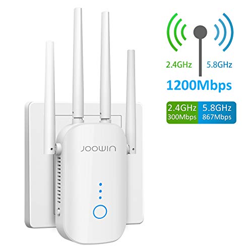 JOOWIN WiFi Repetidor 1200Mbps 2.4 GHz y 5GHz Amplificador de Señal de Red WiFi de Doble Frecuencia Punto de Acceso Inalámbrico Enrutador WiFi Extensor,4 Antenas,Puerto Ethernet,WPS, Modo Ap（Blanco）