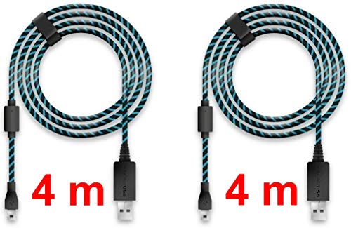 Lioncast 2x Cable de carga del controlador para Xbox One y PS4, 4 metros con protección de cubierta textil y correa organizador de cable, Micro USB 2.0 - Azul y Negro