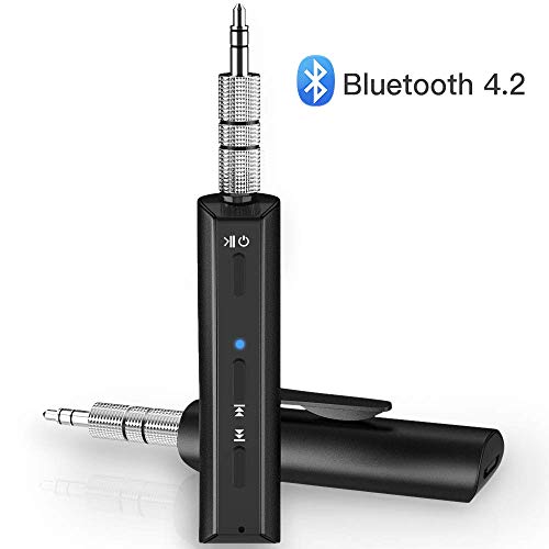 Receptor Bluetooth Jack 3.5mm, AGPTEK Adaptador de Audio Inalámbrico con Micrófono, Soporte Llamada Manos Libres y Dos Dispositivos Conectados, Negro