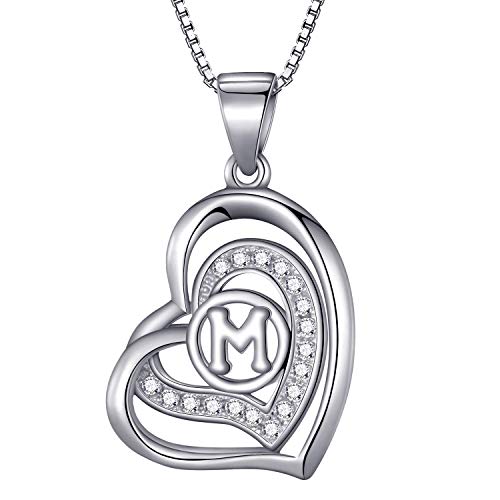 Morella collar de mujer con colgante corazón-letra M de 925 plata rodiada con piedras de circonita de color blanco 46cm