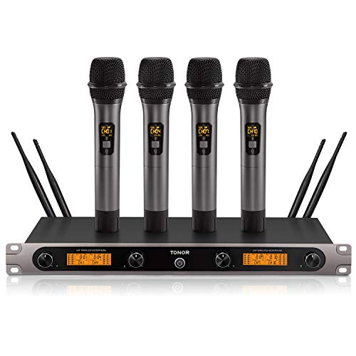 Sistema UHF de Micrófono Inalámbrico, TONOR Set de Karaoke con 3 Canales 4 Micrófonos para Fiestas, KTV, Iglesia, Bodas, Uso de DJ, Aire Libre, Actuación en el Escenario 60m (TW-820 Plus)