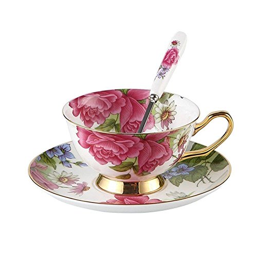 TouchLife Juego de tazas de té con platillo hechas de porcelana fina con diseño de rosas de color blanco y rosado, Porcelana de ceniza de hueso, multicolor, Set of 1 with gift box