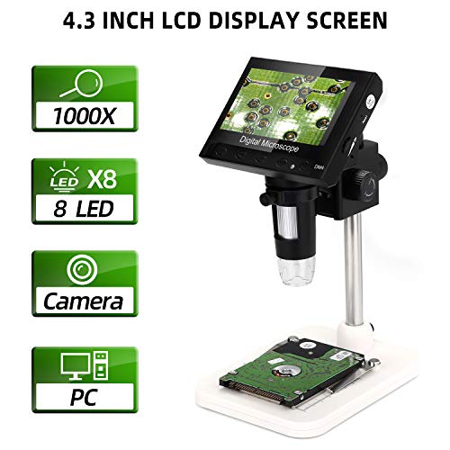 Wadeo - Microscopio digital LCD, 1000 x 4,3 pulgadas, microscopio con pantalla LCD USB, con 8 luces LED ajustables, soporte de metal para niños, laboratorio, Edu