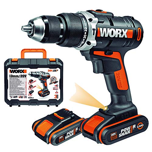 Worx WX372 - Taladro percutor compacto de 20 V, 2,0 Ah, 50 Nm, con 2 baterías de 2.0Ah