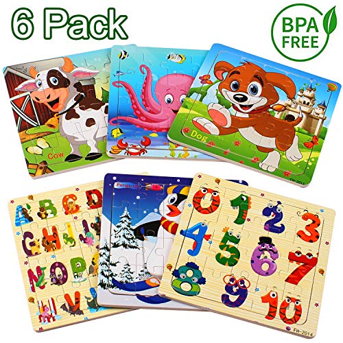 Puzzle madera niños, 20 piezas rompecabezas madera bebe, include animales, numeros, letras, regalo para niños(6 paquetes, 20 piezas)