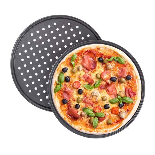 Relaxdays Juego de 2 Bandejas Pizza Horno Redondas, Antiadherentes y Perforadas, Acero al Carbono, Gris, ∅ 32 cm Relaxdays Juego de 2 Bandejas Pizza Horno Redondas, Antiadherentes y Perforadas, Acero al Carbono, Gris, ∅ 32 cm
