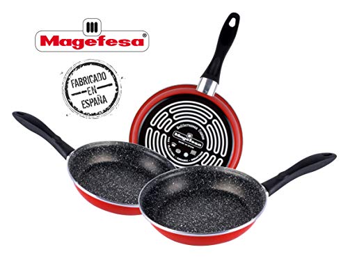 Magefesa K2 Lote 3 sartenes 20Ø24Ø28Ø, Fabricado en Acero vitrificado. Antiadherente bicapa Piedra Reforzado, Color Rojo Exterior. Válido para Todo Tipo de Fuegos Esmaltado