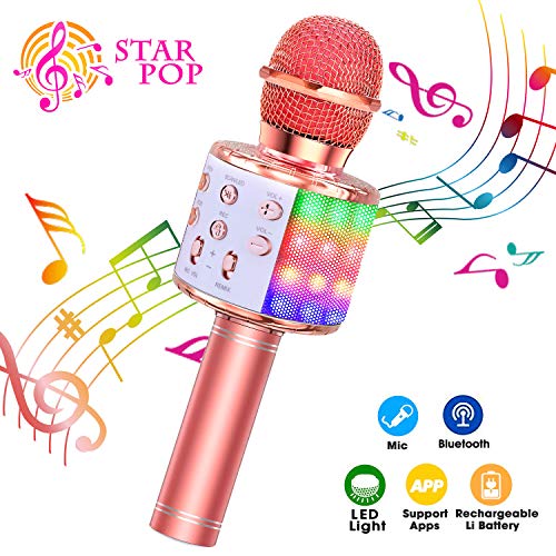 ShinePick Micrófono Karaoke Bluetooth, 4 en1 Microfono Inalámbrico Karaoke Portátil con Luces LED para Niños Canta Partido Musica, Compatible con Android/iOS PC, AUX o Teléfono Inteligente (Oro rosa)