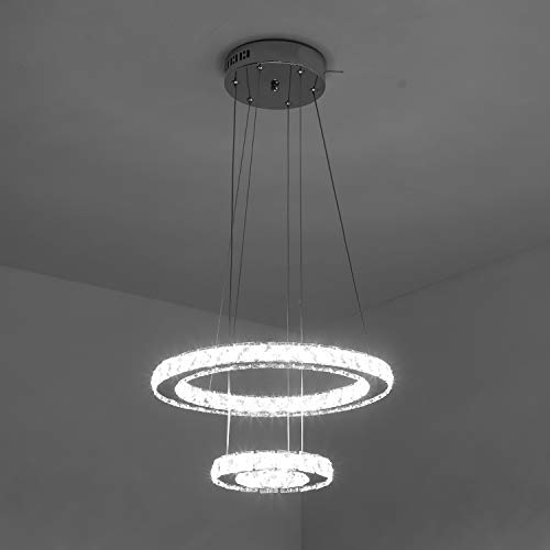 Temgin Lámpara de cristal LED 2 anillos (40 cm + 20 cm) Luz colgante 36 W Altura ajustable Lámpara de techo Moderno para comedor Cocina Pasillo Blanco frio