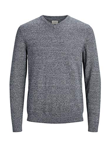 Jack & Jones Jjebasic Knit V-Neck Noos suéter, Gris (Navy Blazer Detail: Twisted with Jet Stream), Medium para Hombre