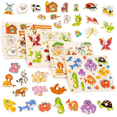 Juego de 4 Puzzles de Madera de Colores Brillantes - Rompecabezas juguetes - Granja, Océano, Insectos y Animales de la Selva - para niños en edad preescolar, educación temprana niño y el desarrollo