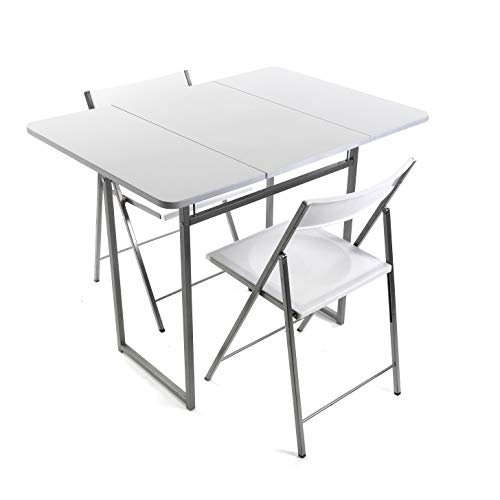 Versa 19840050 Mesa plegable con dos sillas Brenna con respaldo para cocina, comedor, balcón o terraza en color Blanco de Metal, PVC y Madera, 100 x 70 x 80 cm Versa 19840050 Mesa plegable con dos sillas Brenna con respaldo para cocina, comedor, balcón o terraza en color Blanco de Metal, PVC y Madera, 100 x 70 x 80 cm
