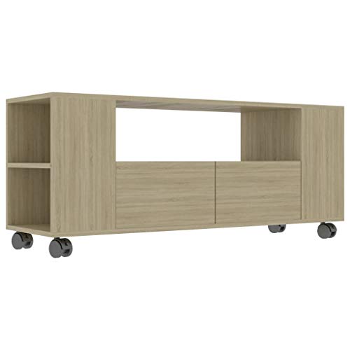 Goliraya Mueble para TV Moderno Salon Aglomerado Color Roble Sonoma con 2 Cajones y Ruedas,Mueble TV con Ruedas,Mueble TV con Cajones 120x35x43 cm