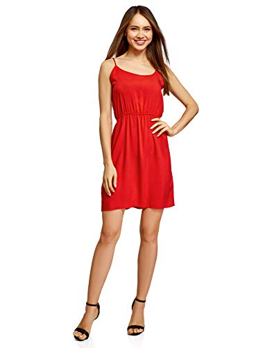 oodji Ultra Mujer Vestido de Verano Básico con Tirantes Finos, Rojo, ES 42 / L