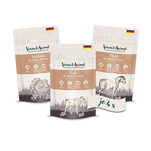 Venandi Animal - Pienso Premium para Gatos - PAQUEE DE Prueba II 4*Caballo, 4*Ternero, 4*Pavo - Completamente Libre de Cereales - Pouches 12 x 125 g