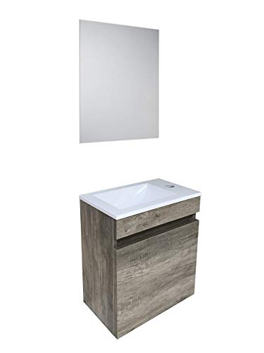 STARBATH PLUS - Conjunto Mueble de Baño Suspendido MDF 40x22, Lavabo Resina, Espejo Oslo Nogal