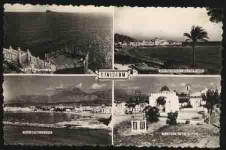 Antigua Postal - Old Postcard : BENIDORM: EL CASTILLO, AL FONDO LA ISLA; VISTA PANORAMICA Y PLAYA DE PONIENTE; VISTA DEL PUERTO Y PLAYA; EL CASTILLO, TERRAZA DE FIESTAS