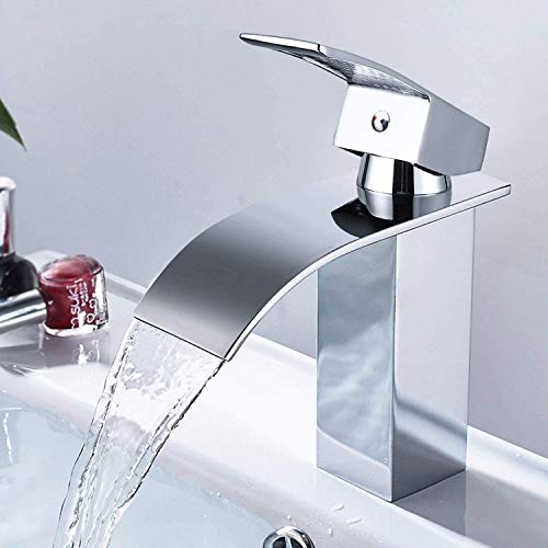 Grifo de Lavabo Cascada, Dalmo Grifo Cascada DBWF01FA Monomando de Céramica, Válvula De Cerámica, Agua Fria y Caliente Disponible, Grifo Baño de Latón con Estilo de Moderno, Garantía de 5 Año