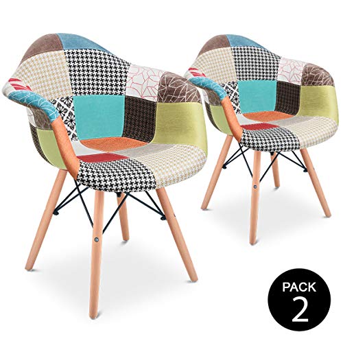 Mc Haus AURA Patchwork - Pack 2 Sillones Comedor estilo Vintage patchwork tower, Butaca con reposabrazos y diseño tapizado con patas de Madera Maciza 54x64x80cm