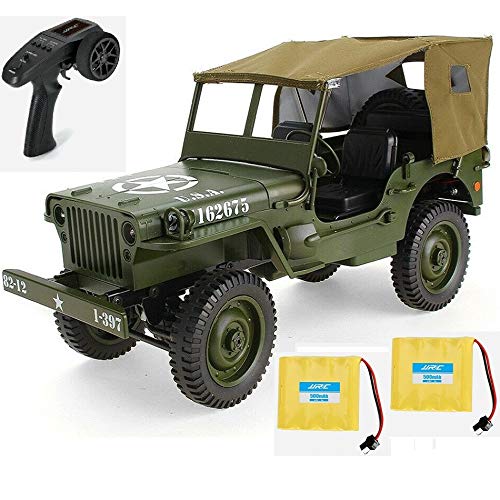 MODELTRONIC Jeep Militar Willy Jedi Todo Terreno 4x4 Marca JJRC Q65 Escala 1:10 Rock Crawler 2.4Ghz con Lona y batería Extra / Incluye 2 baterias Coche / Luces LED y diferenciales / Verde