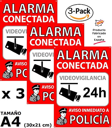 Pack o Lote de 3 Carteles disuasorios A4 Interior/Exterior, Placa disuasoria PVC Flexible, Cartel Alarma conectada, 30x21 cm, Rojo