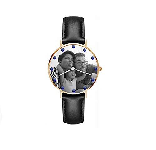 Reloj de Texto Personalizado con Foto Reloj de Piedra Natal Casual para Hombres Reloj de Banda de Cuero Simple para Hombre