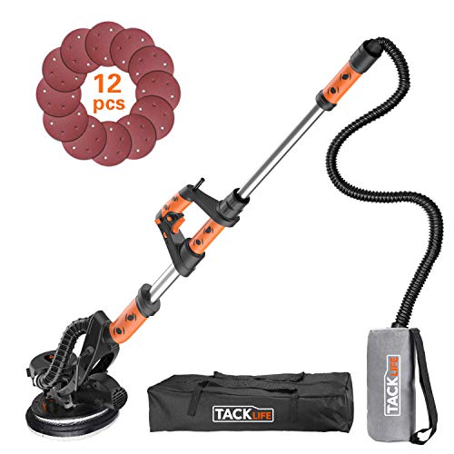 TACKLIFE Lijadora de Pared, Lijadora de Techo 800W, Sistema de Autolimpieza, Base de Lijado Desmontable para Esquina, Cable de 4,5M, 12PCS Lijas (P120 y P320), Mango Telescópico 1,6-1,9M PDS03A