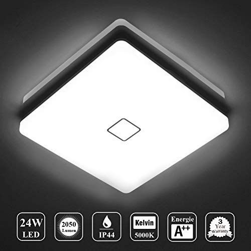 Öuesen LED 24W lámpara de techo resistente al agua moderna LED luz de techo Cuadrado delgada 2050lm Blanco frío 5000K para baño Dormitorio Cocina Sala de estar Comedor Balcón Pasillo