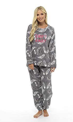 Pijama Mujer Invierno Suave Cómodo con Plumas Prosecco Estrellas Vario Estilos Pijamas Invernal Regalo para Ella (impresión de la Pluma Gris, M)