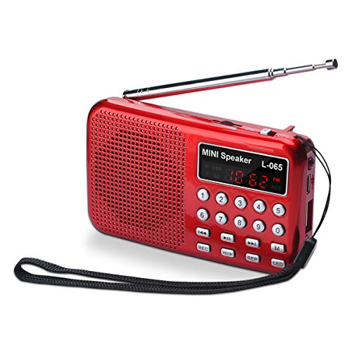 Songway - Mini Radio FM Altavoz MP3, luz y Bolsillo, Compatible con Tarjeta TF/USB, función de grabación, con Linterna de Emergencia, batería Recargable, almacena Estaciones automáticamente (Rojo)