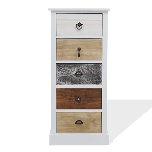 Rebecca Mobili Cómoda Color Blanco marrón Gris, cajonera pequeña, con 5 cajones, Madera de Paulownia, Estilo Retro, Muebles Entrada Dormitorio- Medidas: 84 x 37 x 27 cm (AxANxF) - Art. RE4157