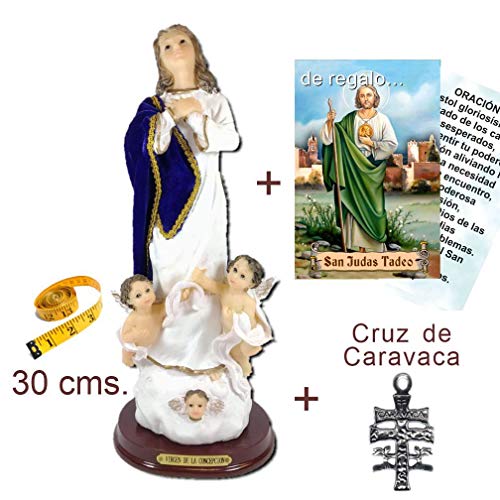 Figura Inmaculada Concepción 30 cms. Pintada a Mano, con Capa Tipo Terciopelo. De Regalo una Estampa y una Cruz. También de Regalo estampas de San Expedito, San Pancracio y San Miguel.