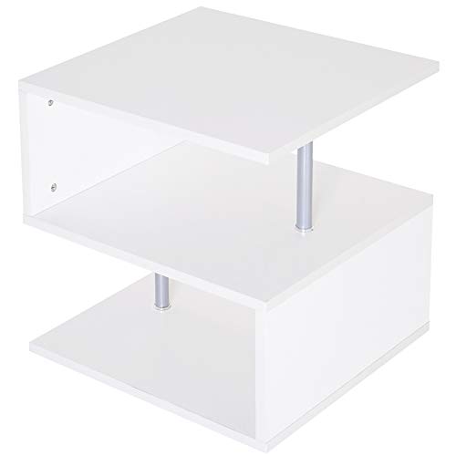 HOMCOM Mesa de Centro Café Mesa Auxiliar de Salón de Forma S con Compartimento Abierto 2 Niveles Diseño Elegante 50x50x50 cm Blanco