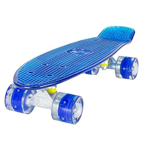 LAND SURFER® Skateboard Cruiser Retro 56cm – cojinetes ABEC-7 – Ruedas que se iluminan 59mm PU + bolsa para el transporte - Tabla Azul Transparente/Ruedas Azules