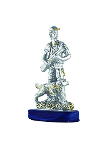 Trofeo Caza, Figura de alabastrina con Cazador Escopeta, Perro y peana de alabastro, 27, 5 centimetros la Base peana es de Color Azul y la Figura Plateada con rasgos Dorados