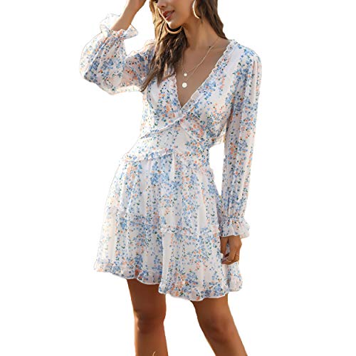 XWQYY Vestido de playa para vacaciones Vestido de fiesta con cuello en V para mujer Faldas elegantes de manga larga Vestidos de cintura alta Vestido con estampado floral estilo boho,White-S XWQYY Vestido de playa para vacaciones Vestido de fiesta con cuello en V para mujer Faldas elegantes de manga larga Vestidos de cintura alta Vestido con estampado floral estilo boho,White-S