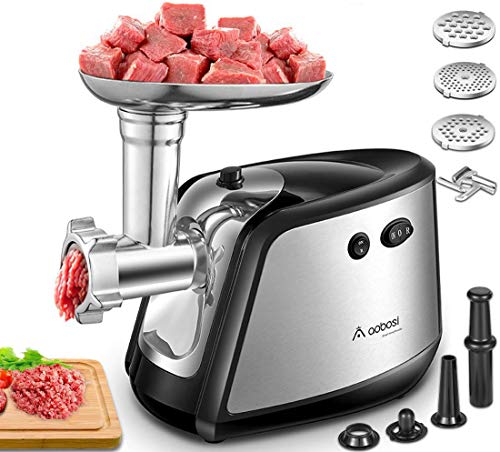 Aobosi Picadora de Carne Eléctrica, 1200W Max, 3-IN-1 Salchicha y Máquina Picadora Carne con 3 Placas de Molienda,Embutidora de Salchichas, Función inversa, Motor de cobre, Acero Inoxidable Cuerpo Aobosi Picadora de Carne Eléctrica, 1200W Max, 3-IN-1 Salchicha y Máquina Picadora Carne con 3 Placas de Molienda,Embutidora de Salchichas, Función inversa, Motor de cobre, Acero Inoxidable Cuerpo