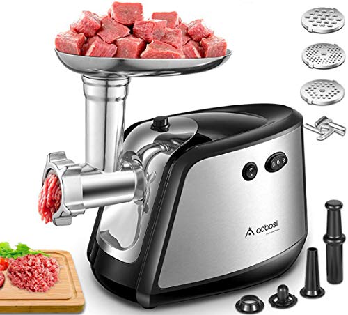 Aobosi Picadora de Carne Eléctrica, 1200W Max, 3-IN-1 Salchicha y Máquina Picadora Carne con 3 Placas de Molienda,Embutidora de Salchichas, Función inversa, Motor de cobre, Acero Inoxidable Cuerpo