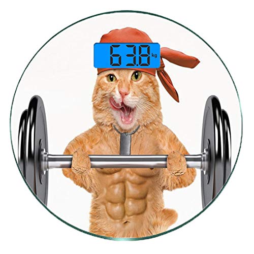 Escala digital de peso corporal de precisión Ronda Gracioso Báscula de baño de vidrio templado ultra delgado Mediciones de peso precisas,Fitness Cat Lifting A Big Dumbbell Musculoso Kitty Body Buildin