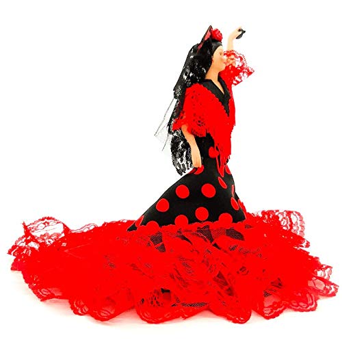 Folk Artesanía Muñeca Porcelana andaluza o Flamenca 28 cm (Rojo Lunar Blanco)