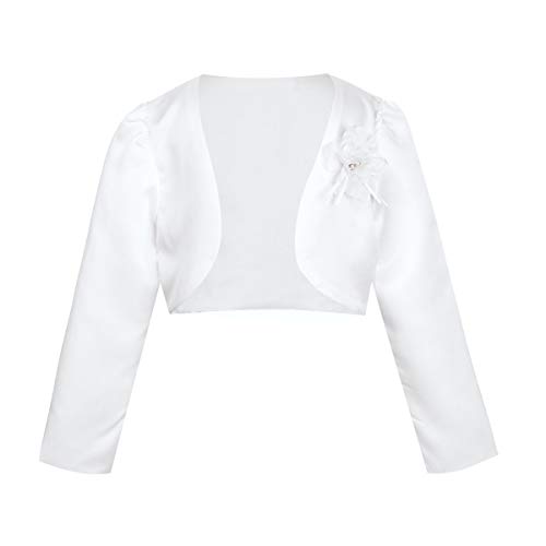 IEFIEL Bolero Plateado de Boda Fiesta Niña Chaqueta de Vestido Princesa Cardigan Satén Mangas Largas con Flor para Bebé Niña (9 Meses-10 Años) Blanco 7-8 Años