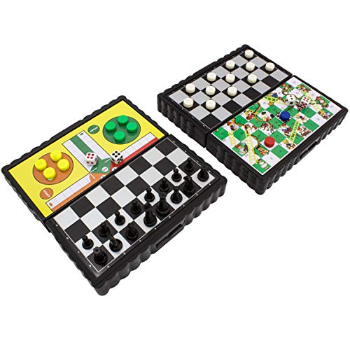 JJPRIME - 4 Juegos de Mesa de Viajes clásicos, Divertidos y Divertidos - Damas y escaleras Ajedrez Ludo Mini Juego de Dados magnéticos Juego de Cajas Plegables