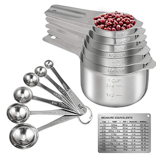 Juego de tazas y cucharas medidoras de acero inoxidable para ingredientes secos o líquidos, apilables, 13 unidades, con tabla de conversión de medición magnética