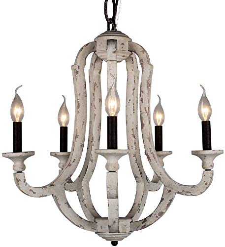 Lámpara de la vendimia pendiente de la lámpara de madera Titular 5-vela de las luces apenado de madera blanca del metal Lámparas de Iluminación en comedor, sala de estar, dormitorio, entradas, Foyer Lámpara de la vendimia pendiente de la lámpara de madera Titular 5-vela de las luces apenado de madera blanca del metal Lámparas de Iluminación en comedor, sala de estar, dormitorio, entradas, Foyer